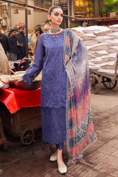 Nureh NS-127 Bazaar Luxury Lawn 2024 Chickenkari Suits, Teal Blue Dress, Lawn Design, Lawn Shirts, Chiffon Dupatta, Lawn Suits, Embroidered Neckline, Suit Fabric