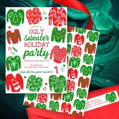 ugly sweater holiday party flyer with red and green designs on white paper next to candy canes