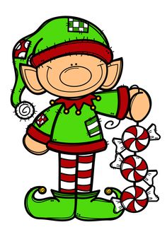 a cartoon elf with candy canes in his hand