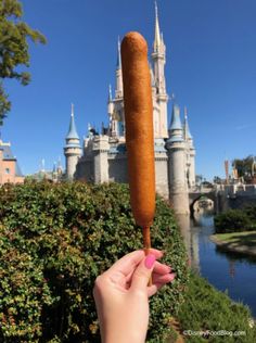 a person holding up a large piece of food in front of a castle