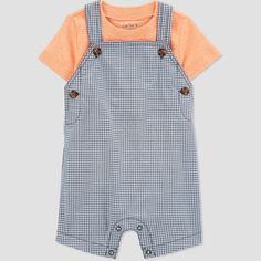 Baby's signature Springtime look has arrived. Here's an adorable 2-piece shortall set from Carter's Just One You® that you'll style again and again for mommy & me outings. This 2-piece outfit for baby boy features Black & White gingham shortalls and an Orange coordinating T-shirt. The shortalls also have shoulder straps with button fastenings and snaps at the legs, so dressing baby boy is hassle-free. Casual Cotton Gingham Sets, Casual Gingham Cotton Sets, Summer Gingham Short Sleeve Sets, Summer Gingham Sets With Short Sleeves, Gingham Cotton Short Sleeve Set, Gingham Cotton Set With Short Sleeve, Casual Gingham Sets For Spring, Casual Spring Gingham Sets, Gingham Overalls