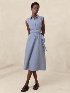 Poplin Cross-Waist Midi Dress | Banana Republic Factory Chic Sleeveless Work Dress With Pockets, Chic Button-up Sleeveless Dress For Work, Chic Sleeveless Button-up Dress For Work, Sleeveless Shirt Dress With Pockets For Daywear, Sleeveless Belted Shirt Dress For Work, Casual Sleeveless Shirt Dress For Work, Spring Business Casual Sleeveless Dress, Sleeveless Cotton Shirt Dress For Work, Summer Sleeveless Workwear Dress With Tie Waist