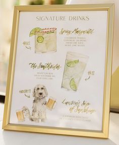 a sign that has some drinks and limes on it with gold trim around the edges