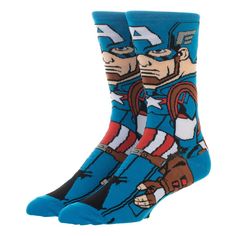 Your feet can make a statement with these Captain America crew socks from BIOWORLD. They feature detailed woven graphics that show you're a true fan. With a formed heel and form-fit band, these socks also comfortably contour to your feet for a reliable wear every time out. Captain America Shoes, Superhero Socks, Sock Display, Marvel Captain America, Crazy Socks, Hip Hop Culture, Sport Socks, Casual Socks, Cotton Socks