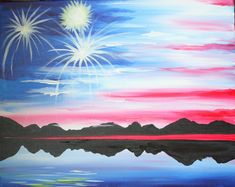 this is an acrylic painting of fireworks in the sky over water and mountains