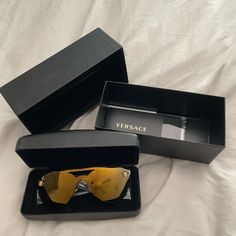 Brand New Versace Sunglasses With Box And Authentication Inside! Formal Gold Shield Sunglasses With Tinted Lenses, Gold Tinted Shield Sunglasses For Formal Occasions, Formal Gold Tinted Shield Sunglasses, Luxury Gold Shield Sunglasses With Uva Protection, Trendy Gold Shield Sunglasses For Formal Occasions, Modern Gold Shield Sunglasses With Glass Lenses, Modern Gold Shield Sunglasses With Glass, Designer Gold Shield Sunglasses For Formal Occasions, Classic Sunglasses With Tinted Lenses As Gift