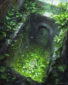 an image of a cave in the woods with plants growing out of it and a door