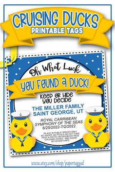 a blue and yellow flyer with two rubber ducks