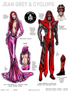 the costumes for jean grey and cyclops are shown in this hand - drawn version