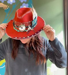 Such a fun hat- burnt orange color, polyester fabric, western style accents, beads and turquoise pops. Toped off with scrap bandana and turquoise chunk pieces around the rim. Accented with silver distressing  one size fits most. Fun Hat, Rodeo Cowboy, Burnt Orange Color, Cool Hats, Cowboy Hat, Western Style, Burnt Orange, Cincinnati, Rodeo