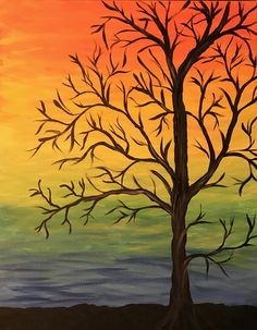 a painting of a tree with no leaves in front of an orange and yellow sky