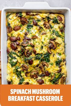 Spinach Mushroom Breakfast Casserole-this easy vegetarian egg casserole with spinach, mushrooms, and goat cheese is the perfect breakfast or brunch and always a crowd pleaser! Mushroom Breakfast Casserole, Vegetarian Egg Casserole, Casserole With Mushrooms, Veggie Breakfast Casserole, Vegetarian Breakfast Casserole, Baked Breakfast Casserole, Mushroom Breakfast, Spinach Breakfast