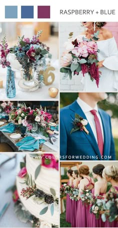 the color scheme for this wedding is blue, pink and white with greenery on top