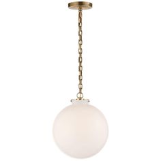 a light fixture with a white glass ball hanging from it's brass finish chain