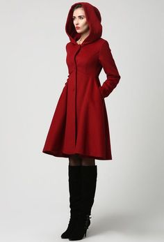 Winter Coat Dress, Hooded Wool Coat, Red Wool Coat, Moroccan Fashion, Wool Winter Coat, Black Wool Coat, Womens Jackets, Red Hood