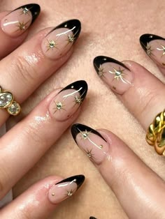 Multicolor  Collar   Color combinado,Plantas Uñas de Color,Uñas 3D Embellished Nail Art Press On, French Tip Diamonds, Black 3d Nails, Black French Tip Almond Nails, Black Diamond Nails, Black Holiday Nails, Black Nails With Silver, Black Nails Almond, Silver And Black Nails