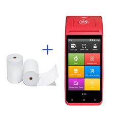 a red cell phone next to two rolls of toilet paper and a roll of tissue