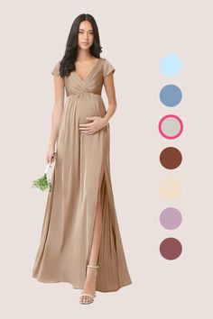 a pregnant woman in a long dress standing next to color swatches and holding a bouquet