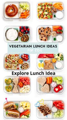 an assortment of lunches in plastic containers with the words vegetarian lunch ideas for kids explore lunch idea