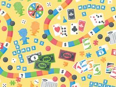 an image of a board game with lots of cards and dices on yellow background