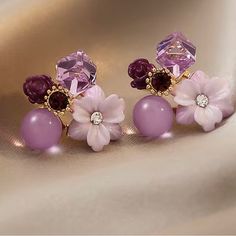 This Is Very Beautifully Maple Rhyme Retro Purple Crystal Flower Earrings Niche Brand New Come With Jewelry Bsgsy Elevate Style, Long Pearl Earrings, Engagement Earrings, Sweet Earrings, Cherry Earrings, Fruit Earrings, Flower Stud Earrings, Purple Crystal, Fancy Jewellery