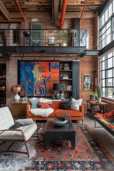 a living room filled with furniture and lots of windows on top of each side of the wall