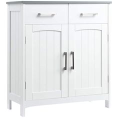 a white cabinet with two doors and handles on the door is shown in front of a white background