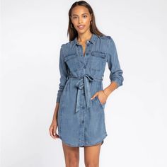 a woman wearing a denim shirt dress