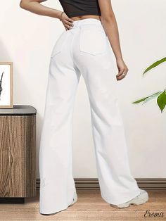 Eromis - Womens High Waist Wide-Leg Denim Jeans with Slant Pockets in White, Loose Fit Straight Cut White Non-stretch High Rise Jeans, White Non-stretch High-rise Jeans, Non-stretch White Mid-rise Jeans, White Non-stretch Mid-rise Jeans, White Non-stretch Denim Pants, Chic White Non-stretch Jeans, High Waist White Denim Flare Jeans, Non-stretch White Jeans With Pockets, High Waist White Flare Jeans