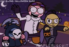 three cartoon characters standing next to each other in front of a night sky with the words happy halloween bash on it