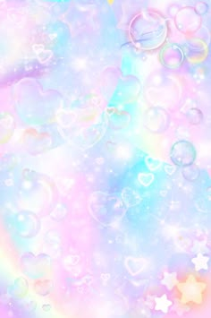 soap bubbles are floating in the air with hearts and stars around them on a pastel background