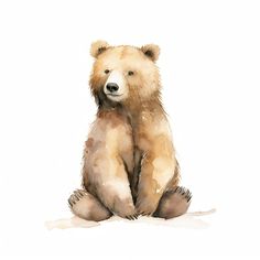 a watercolor painting of a brown bear sitting down