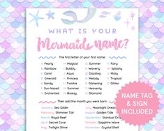 the mermaid name game is shown on a pink and blue background