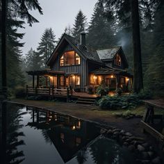 a cabin in the woods is lit up at night