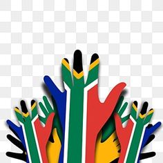 many hands with the colors of the flag of south africa on them are holding each other