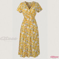 Qteee - Printed Short Sleeve Chiffon Beach Dress with Peter Pan Collar Casual Multicolor Floral Dress For Vacation, Yellow Floral Summer Dress For The Beach, Yellow Floral Summer Dress For Beach, Yellow Floral Dress For Summer Beach Outings, Casual Floral Print Dress For Beach Season, Casual Floral Print Dress For Vacation, Bohemian Yellow Floral Dress For Beach, Casual Floral Dress For Garden Party, Casual Multicolor Floral Beach Dress