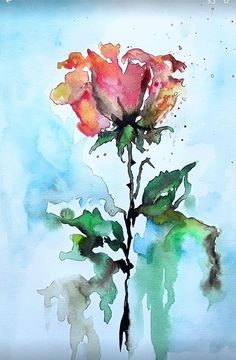 a watercolor painting of a pink rose on a blue background