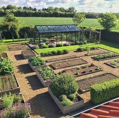 an aerial view of a garden with many different types of plants in the center and several rows of raised beds on each side