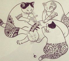 two cats are playing with each other on a piece of paper that has been drawn