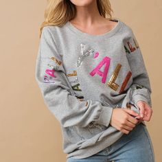 Brand New With Tags! "Add A Touch Of Sparkle To Your Wardrobe With Our Sequin Embellished Y'all Graphic Sweatshirt! This Sweatshirt Features Intricate Sequin Detailing That Makes A Statement And Elevates Any Casual Outfit. Show Off Your Southern Charm And Style With This Must-Have Piece. Perfect For Any Occasion, This Sweatshirt Is A Stylish And Comfortable Addition To Your Closet." French Terry Sequin Embellished Y'all Graphic Pullover Sweatshirt 97% Cotton/3% Spandex Casual Winter Tops With Sequins, Casual Sequin Tops For Fall, Embellished Casual Sweatshirt For Fall, Embellished Casual Fall Sweatshirt, Casual Embellished Fall Sweatshirt, Casual Embellished Long Sleeve Sweatshirt, Casual Long Sleeve Embellished Sweatshirt, Fall Cotton Tops With Sequins, Casual Long Sleeve Sequin Tops