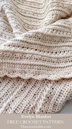 a crocheted blanket with text overlay that reads, evelyn blanket free crochet pattern