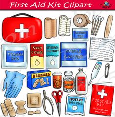 the first aid kit clipart includes medical supplies such as gloves, bandages, and other items