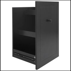 a black wall mounted cabinet with two shelves on one side and an open door on the other