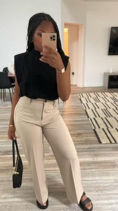 IG: brownbosslady Business Casual Outfits Teen Girl Black, Khaki Work Pants Outfit Women, Office Work Shoes Women, Business Casual Black Women Summer, Khaki Pants Outfit Black Women, Perfessional Outfits Classy, Director Aesthetic Outfit, Office Job Outfits Black Women, Job Fair Outfit Women