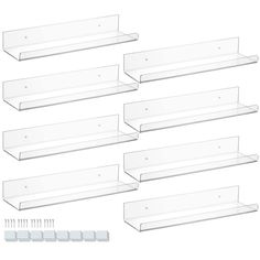 six clear plastic shelves with screws and nails