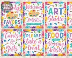 four square cards with the words art studio, food and crafting on them in different colors