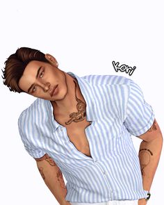 a drawing of a man with tattoos on his arms and chest, wearing a blue striped shirt