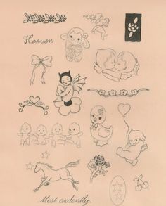 a drawing of many different types of stickers on a piece of paper with writing