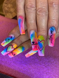 Summer Tye Dye Nails, Tye Dye Nail Designs, Tye Dye Nails, Short Pretty Nails, Marble Acrylic Nails, Summer Acrylic, Secret Nails, Rainbow Polka Dots