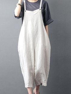 Plain Linen Overall Dungarees Loose Overalls, Overalls Casual, Apron Dress, Casual Jumpsuit, Jumpsuit Fashion, Wide Leg Jumpsuit, Look Chic, Rompers Women, Wide Leg Trousers